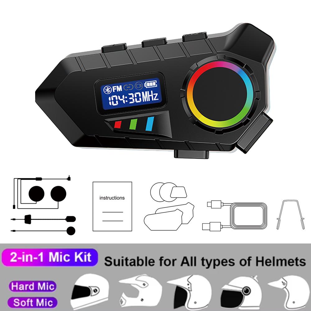 Kebidumei Мотоциклетная гарнитура FM-радио Беспроводной MP3-плеер RGB-подсветка Наушник с мягким/жестким микрофоном для универсального шлема