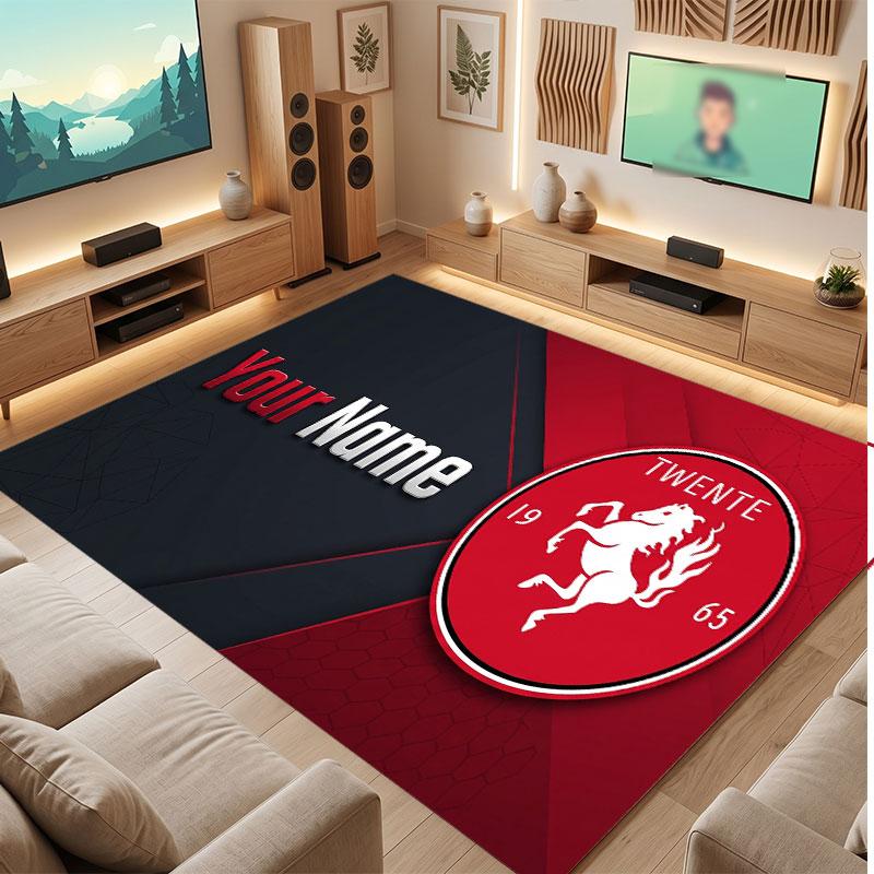 FC Twente Custom Crystal Velvet Rug, Personalized Name Text Print, Football Logo Soft Non‑Slip Floor Mat Home Decor Gift