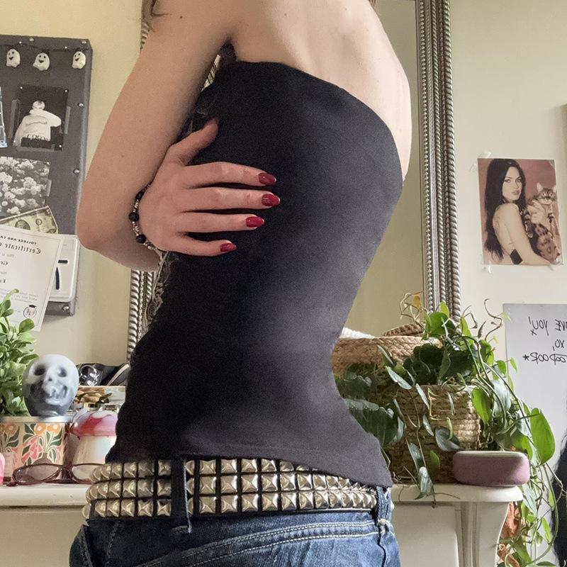 Готический принт Черный топ-труба Женский Без бретелек Облегающий Укороченные топы Летний Повседневный Шикарный Графические футболки y2k Уличная одежда Жилет Базовый