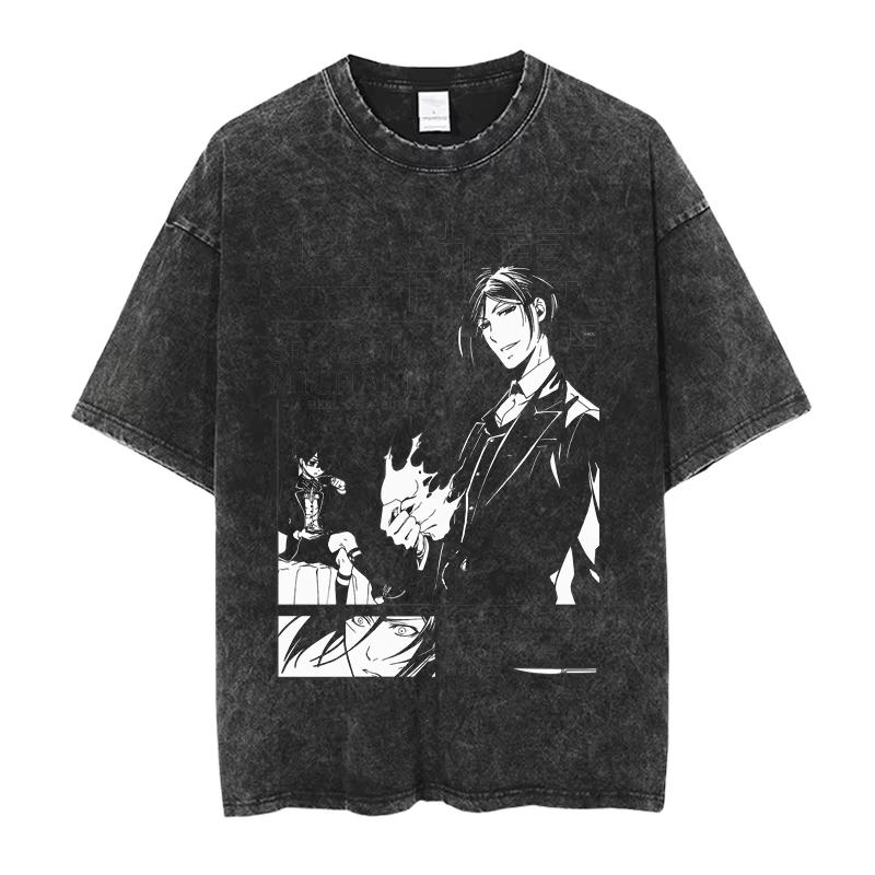 Anime Black Butler Sebastian Michaelis Cool Print Tee, Men Women Manga Vintage Washed Cotton Oversized Harajuku Streetwear Unisex Short Sleeve T-Shirt