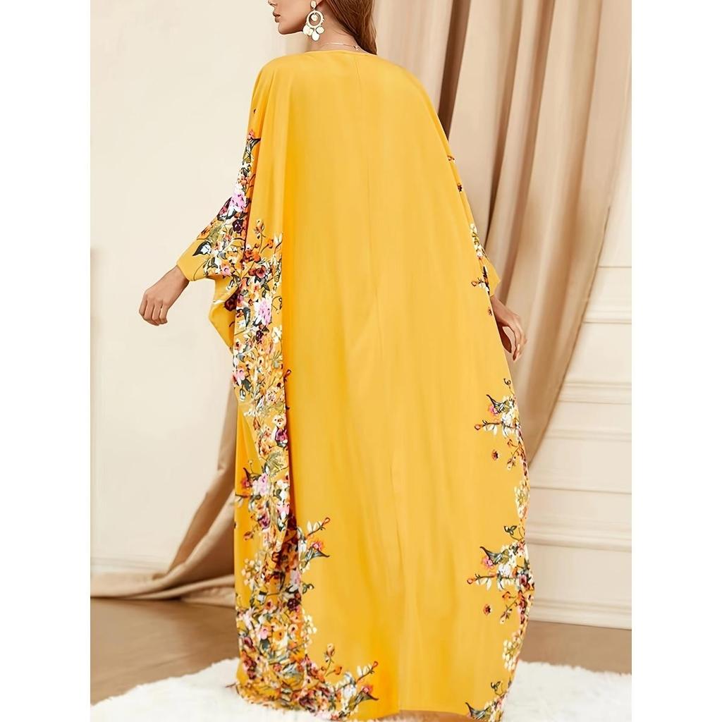 Ramadan Floral Print Crew Neck Kaftan, Elegant Batwing Sleeve Split Maxi Dress, Women's Clothing