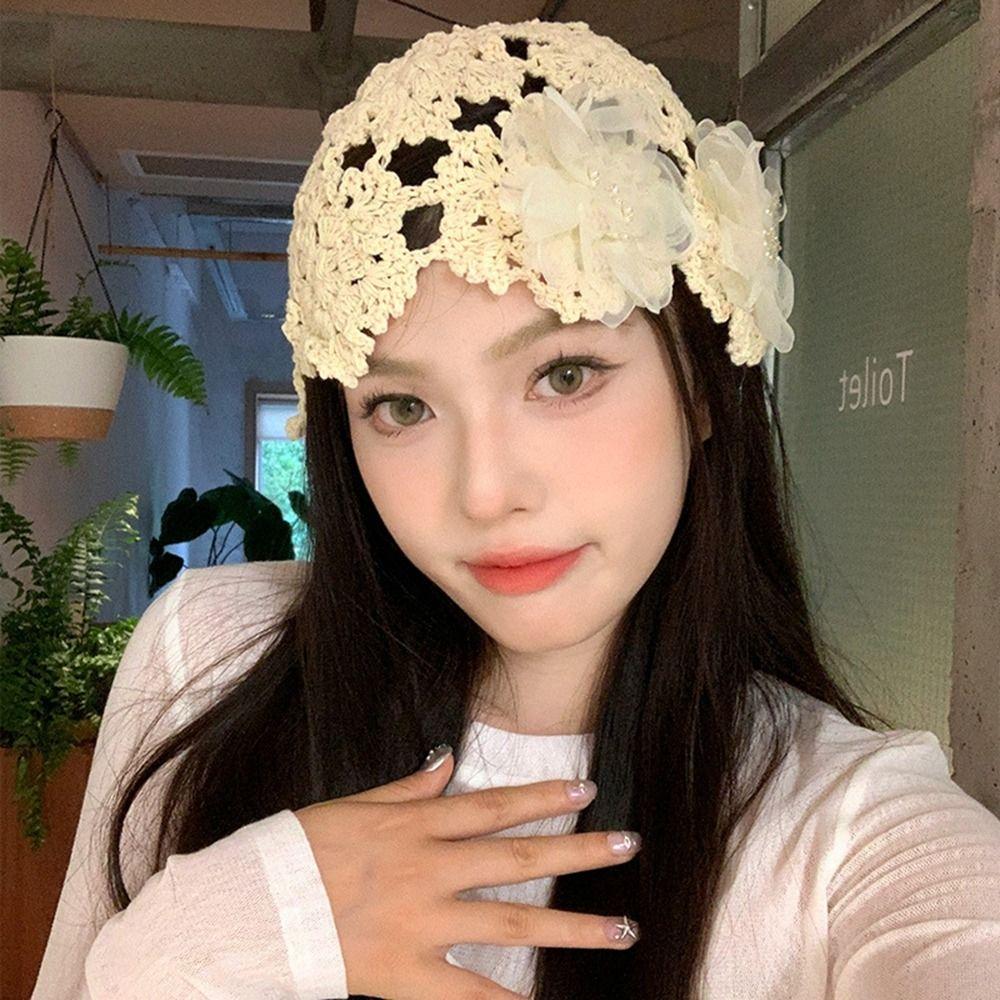 Elegant Crochet Hollow Flower Knitted Hat Hollow Out Knit Cap Casual Warm Beanies Hat  Outdoor