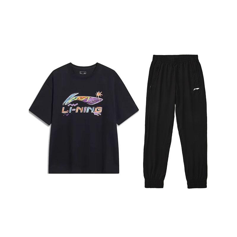 Li-Ning Подростковая футболка свободного кроя с принтом букв «Weekend» и короткими рукавами и дышащие вязаные длинные брюки, повседневный спортивный комплект AHSU745-1+AYKR465-1