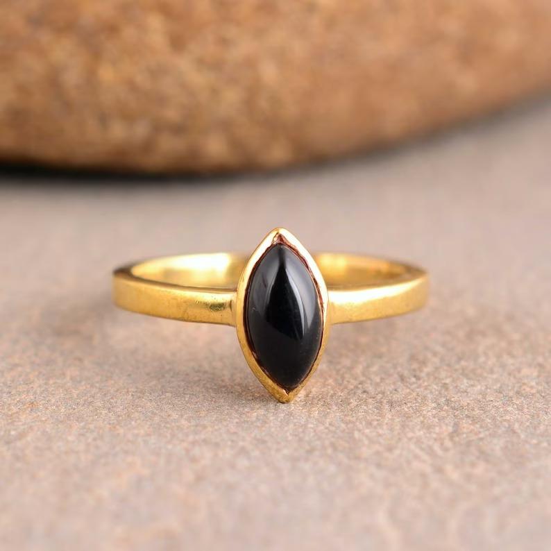 Black Onyx Gemstone Solid 925 Sterling Silver Marquise Gemstone Handmade Designer Yellow Gold Ring For Women