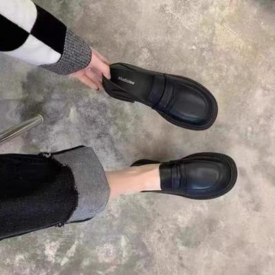 Кожаные туфли женские британские сезонные черные круглые универсальные туфли-лоферы на плоской подошве женские