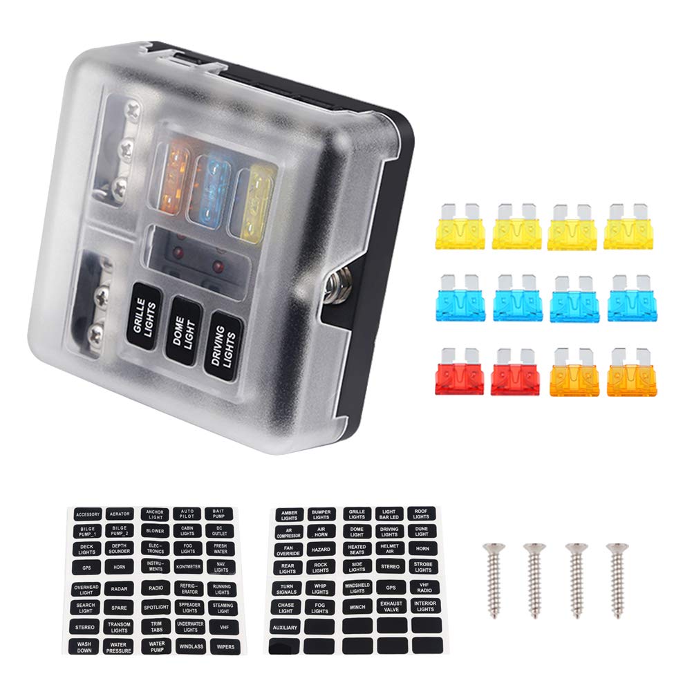 ADPOW 6 Way Circuit Carbon Boat Fuse Box Holder Waterproof LED Warning Light with