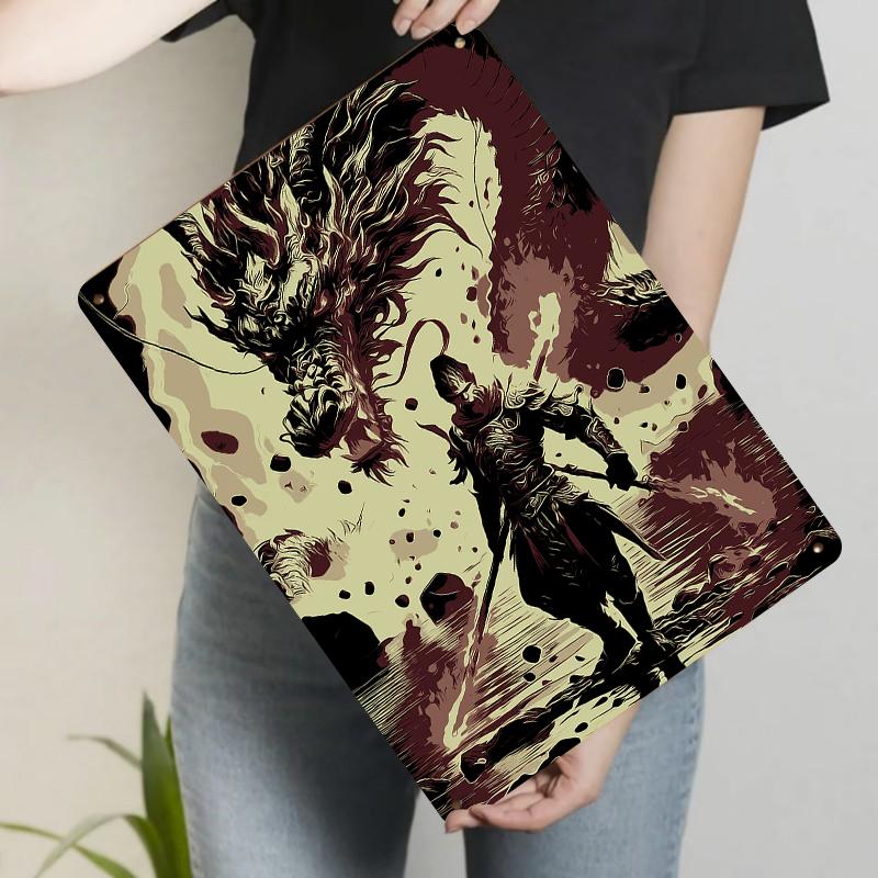 Chinese Style Dragon and Warrior Metal Iron Painting Vintage Oriental Home Decor Wall Art for Living Room Study