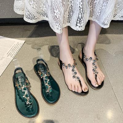 Женские сандалии в этническом римском стиле со стразами и бусинами на плоской подошве под змею