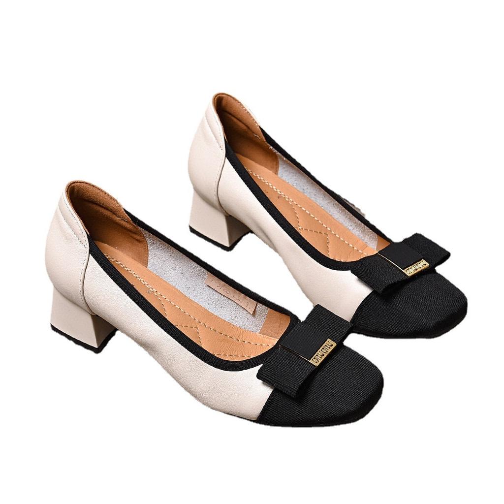 Женские туфли на высоком каблуке с квадратным носком, 2025 новинка, темпераментный маленький ароматный стиль, сочетание цветов из коровьей кожи, туфли-лодочки с открытым верхом, мягкая подошва, мягкий верх, fashi