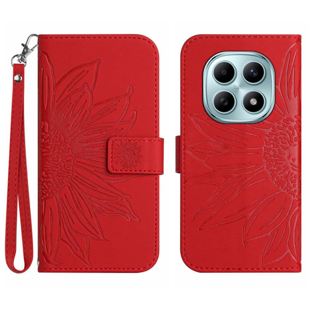 Для Xiaomi Poco M8 5G/Redmi Note 15 5G (Глобальный)/15 4G (Глобальный) Чехол-портмоне из кожи с принтом подсолнухов и ремешком на запястье.