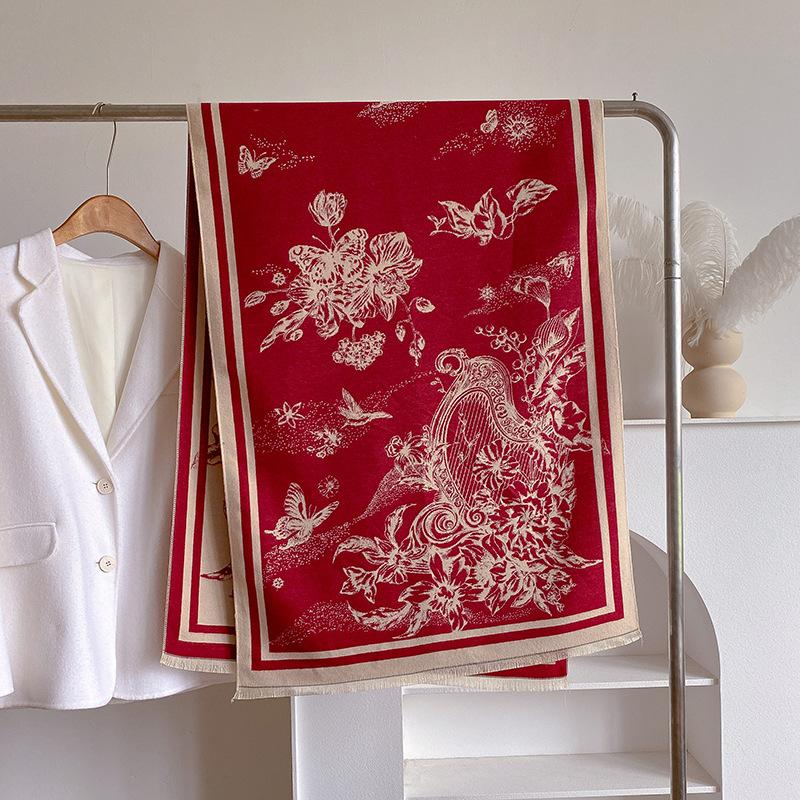 Imitation Cashmere Scarf Female Plant Retro Versatile Student Thickened Scarf Dual-Purpose Air Conditioner Shawl Outside