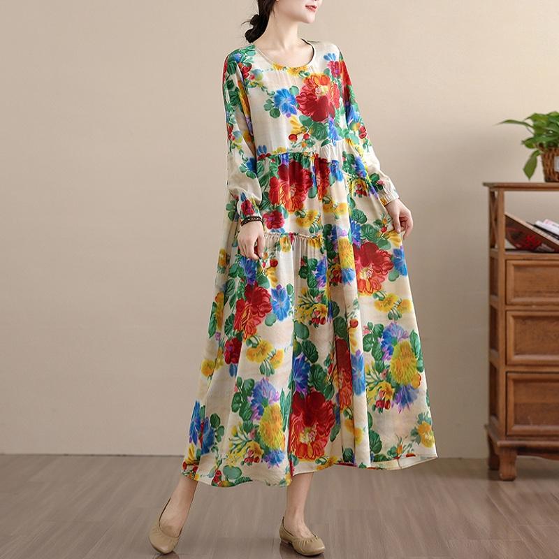 Платье женское винтажное цветочное больших размеров с длинным рукавом, новинка, повседневное свободное весенне-осеннее платье