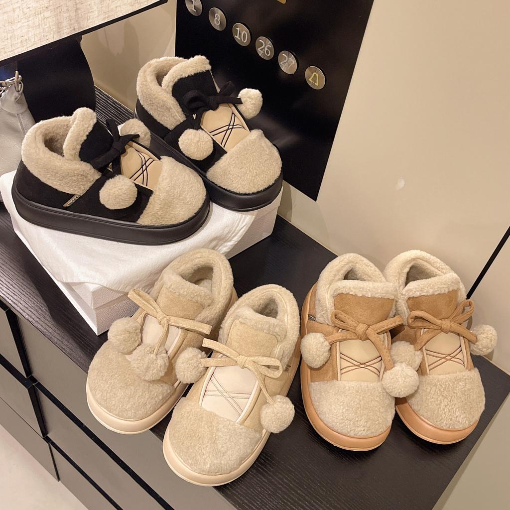 Милые мультяшные помпоны зимние женские новые зимние теплые ботинки на толстой подошве, утепленные хлопковые домашние тапочки