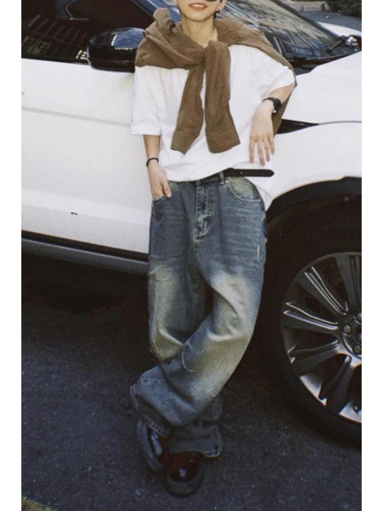 2024 Ретро-стираемые джинсы с широкими штанинами: Повседневные брюки унисекс в американо-японском стиле