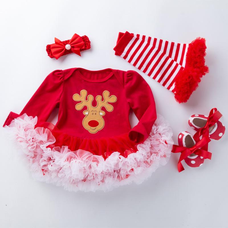 Classical Long Sleeves 4pcs Set New Born Baby Clothing Infant Baby Toddler Christmas Romper Dress