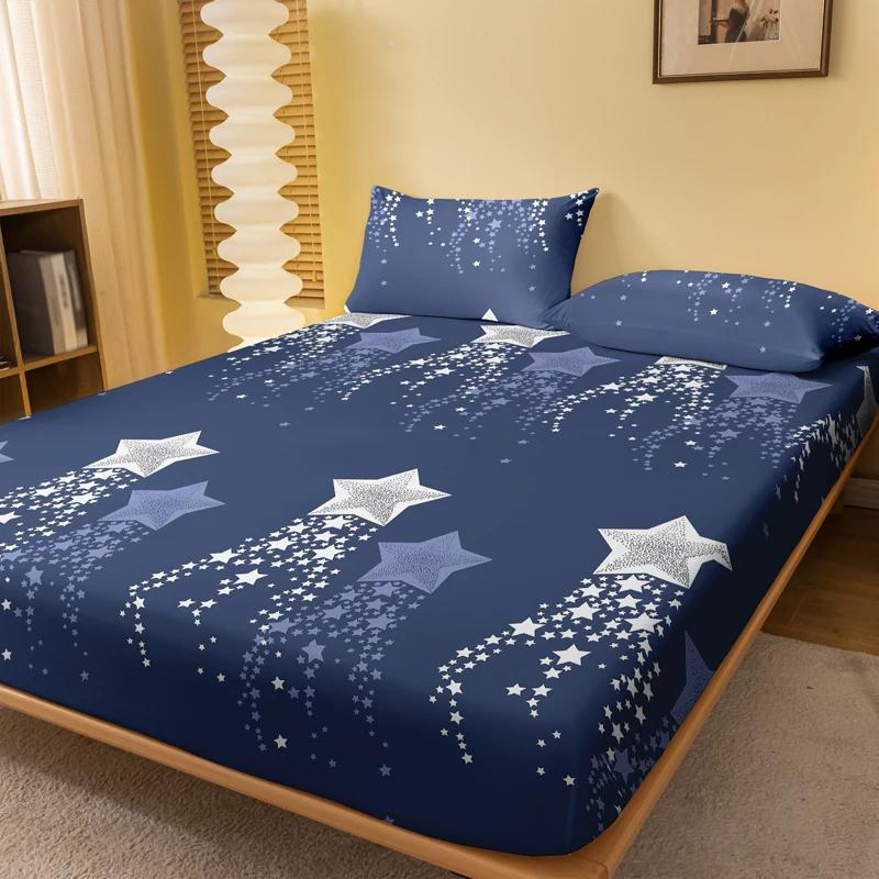 Simple 1 Modern Pentagram Geometry Printed Matte Fitted Sheet, Bedroom Printed Bed Cover, Bedding Excluding Pillowcases