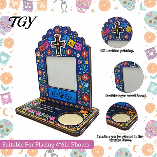 Decorative Altar Frames for Memorials Day of The Dead Photo Frame with Integrated Candle Holder, Mexican Sugar Skull Picture Frame, Wood Memorial