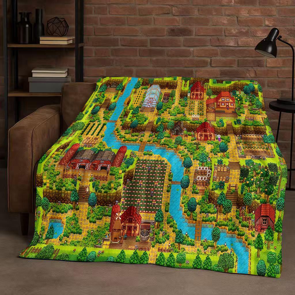 Retro Stardew Valley Farm Map Pixel Game Flannel Blanket,Ultra Soft Warm Plush Throw for Home Bedroom Bed Sofa Cover Kids Gift