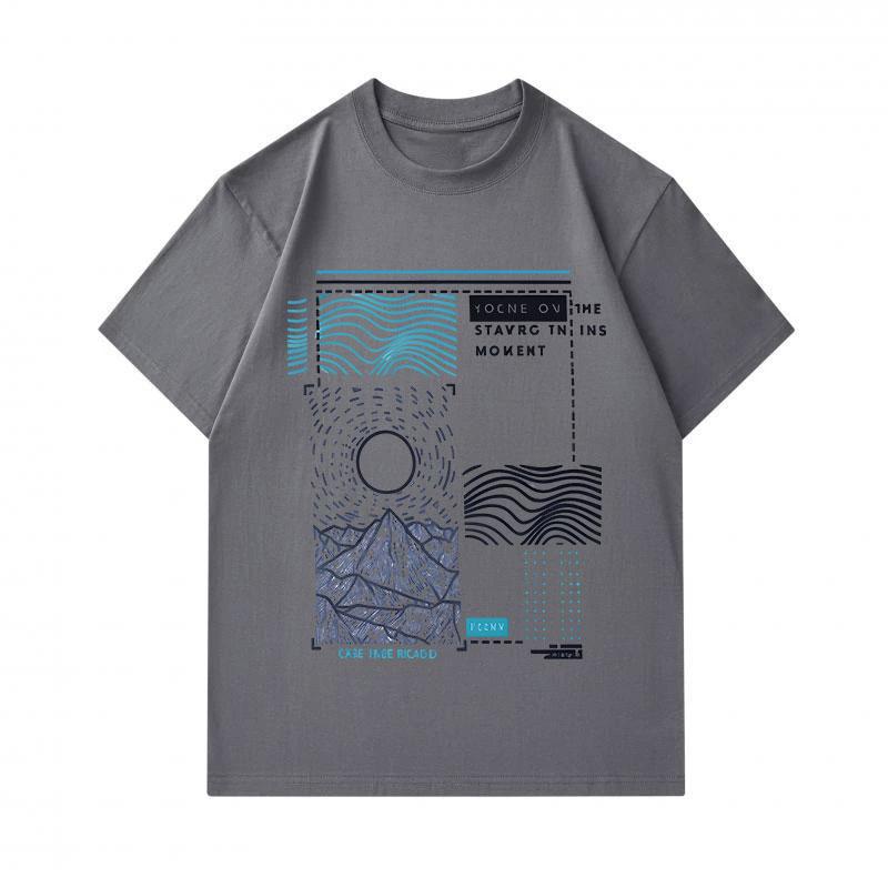 Men's 100% Cotton Crew Neck Short Sleeve T-Shirt, Abstract Geometric Mountain Wave Sun Print Casual Comfortable Daily Wear Breathable Graphic Tee for