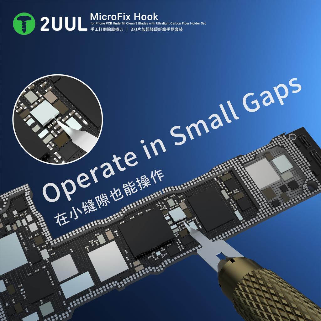 2UUL DA12 MicroFix Hook for Mobile Phones PCB Underfill Clean 3 Blades with Ultralight Carbon Fiber Holder Repair hand tools Set