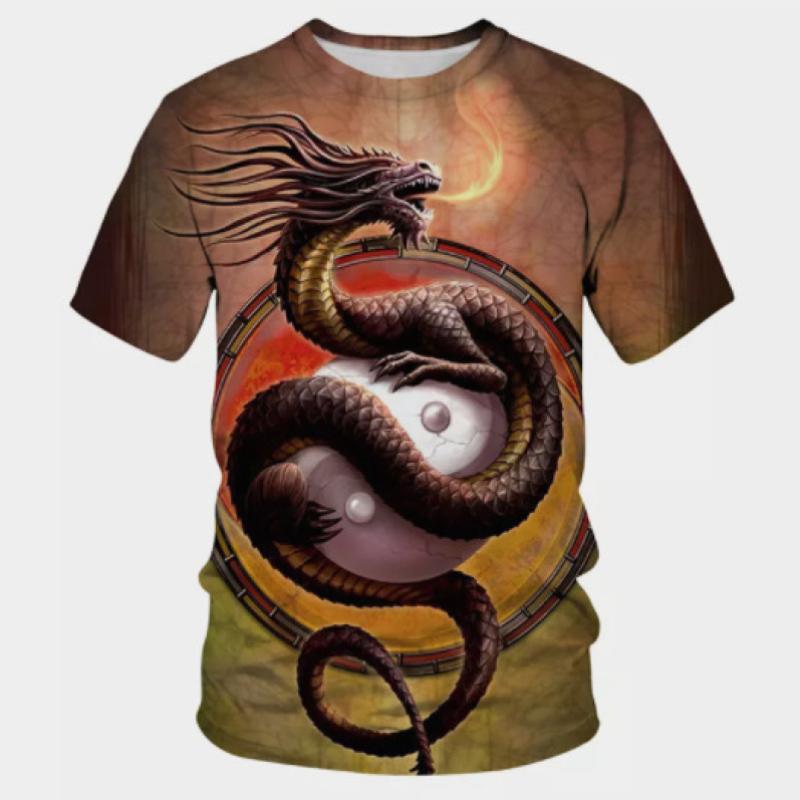 Летняя мужская футболка с дизайном дракона и принтом, модная повседневная футболка с короткими рукавами, повседневная уличная одежда, пуловер большого размера с круглым вырезом, футболка