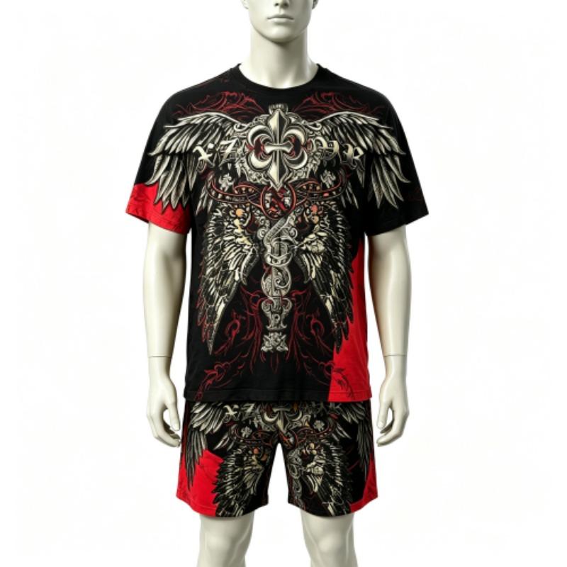 Fashion Summer Casual Retro Angel Wing Printed Round Neck Short Sleeved T-Shirt And Shorts Set Men's and Women's T-shirt Shorts Set