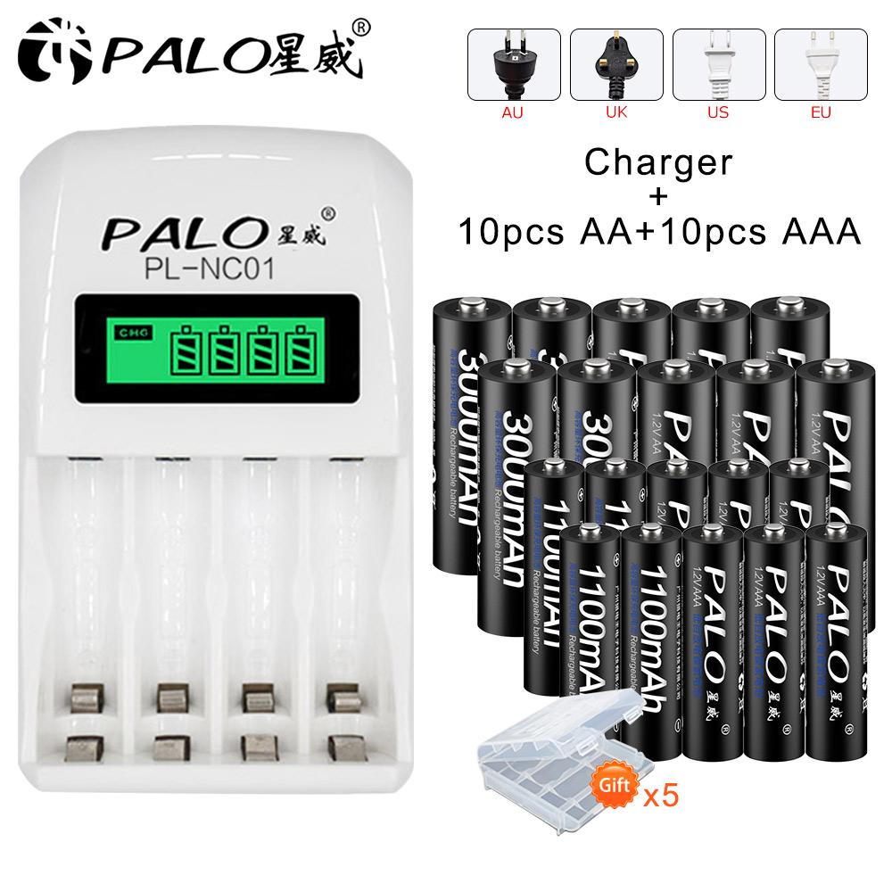 Аккумуляторные батареи AA 1,2 В + аккумуляторная батарея AAA 3A с чехлом для батареи + интеллектуальное зарядное устройство с ЖК-дисплеем