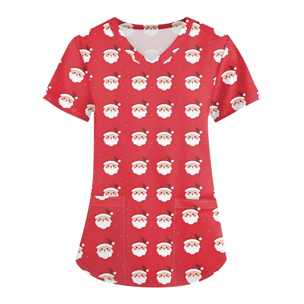 Plus Size Printed Scrub Working Uniform Tops For Women's Cross V Neck Christmas Print Short Sleeve Fun T-Shirts Workwear Tee With Pockets