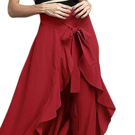 Женские брюки-юбка с высокой талией и оборками в стиле пэчворк, нерегулярный подол, разделенный подол, шнуровка до щиколотки, танцевальная вечеринка, сплошной цвет, свободный подол, макси-юбка