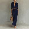 Women's Long Sleeve Lapel Button Suede Wrap Long Dress Warm Casual Belted Dress