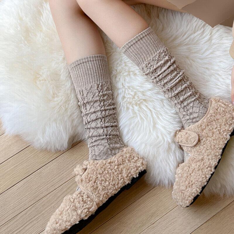 Women Girls Knee High Long Socks Thick Winter Warm Cotton Cable Knit Stockings