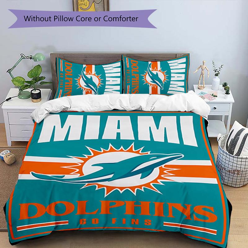 3pcs Miami Dolphins logo pattern bedding set duvet cover set includes duvet cover &pillowcases, perfect all season bedroom decoration & gift