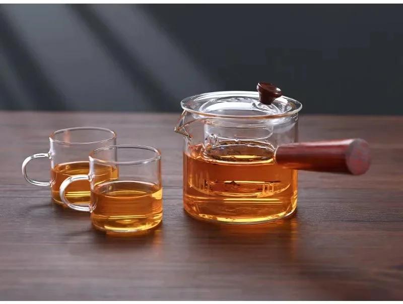Японский стеклянный чайник с боковыми ручками Чайник с деревянными ручками Чайный сервиз в стиле кунг-фу Утолщенный чайник Интуитивный чайник