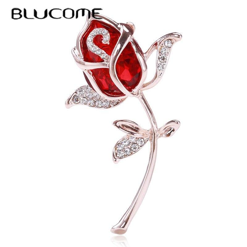 Blucome Fashion Rhinestone Red Enamel Rose Flower for Women Lady Classic Beauty Flower Party Office Brooch Pin Gifts