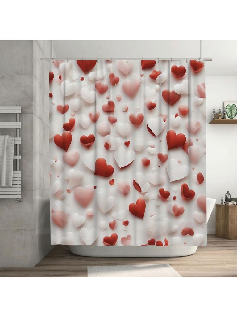 3D Red and White Hearts Shower Curtain | Romantic Bathroom Decor