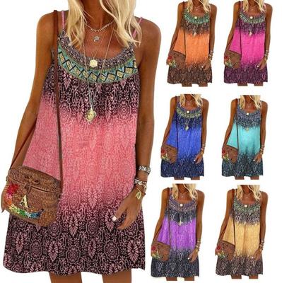 Женская мода Лето Boho Свободное повседневное платье с принтом в этническом стиле