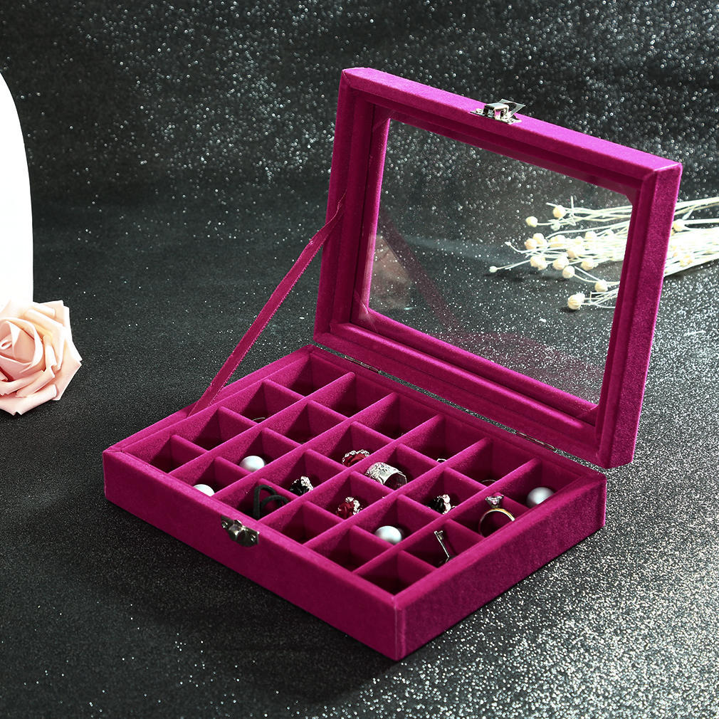 Коробка для хранения ювелирных изделий Бархатный дисплей для сережек Стеклянный органайзер для колец для ювелирных изделий Чехол для хранения 24 слота