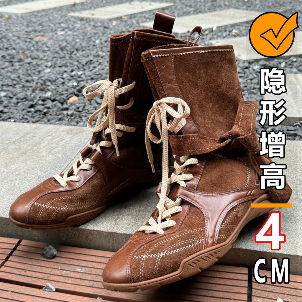 Cowhide~ Retro Boxing Boots Women's Genuine Leather Inner Heightening Boots Lace-up Martin Boots Thick-soled German Training Boots Medium Boots Sh
