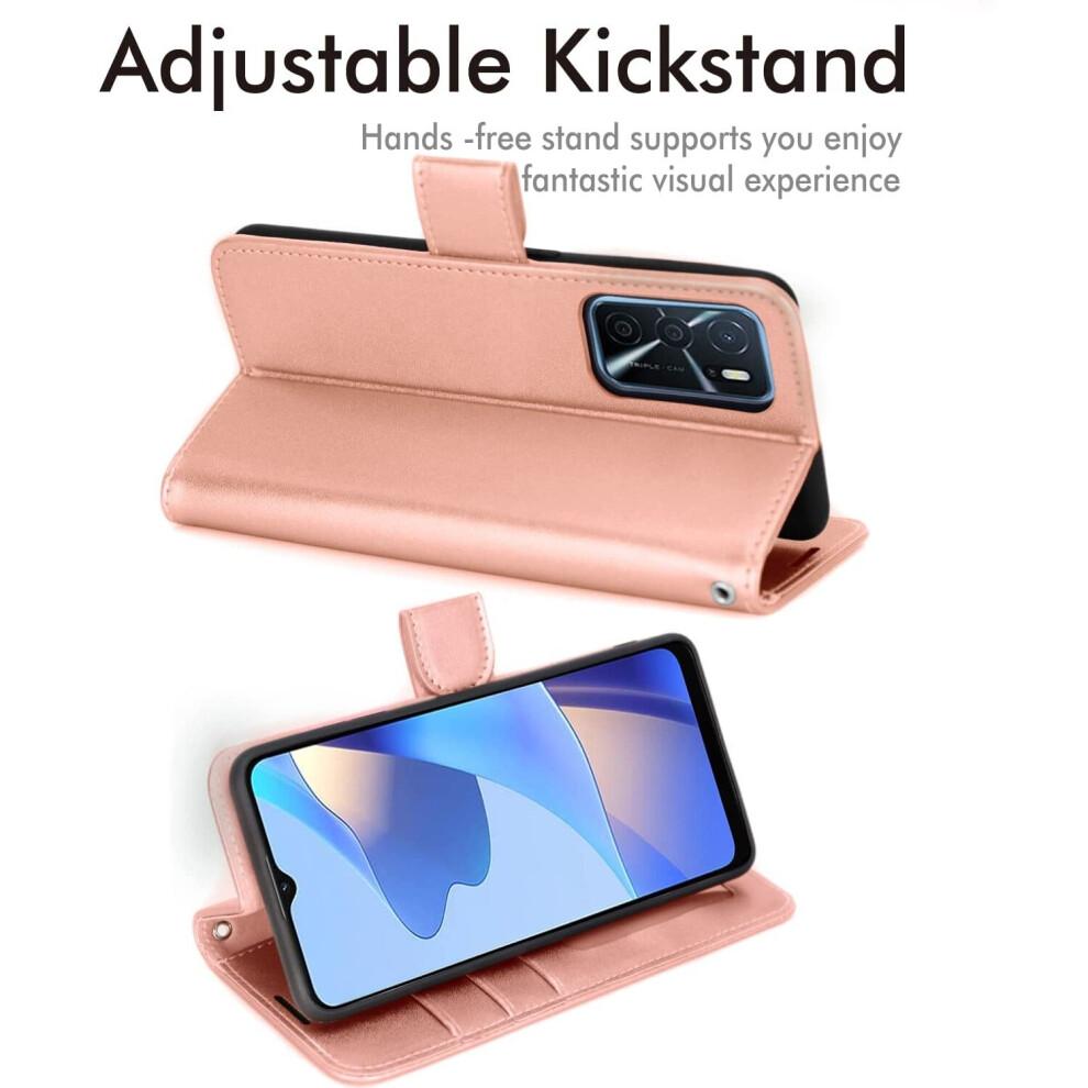 Leather Wallet Case for Oppo A16s, Flip Protective Case Cover with Wallet Card Holder, Stand & Wrist Strap - Rose Gold