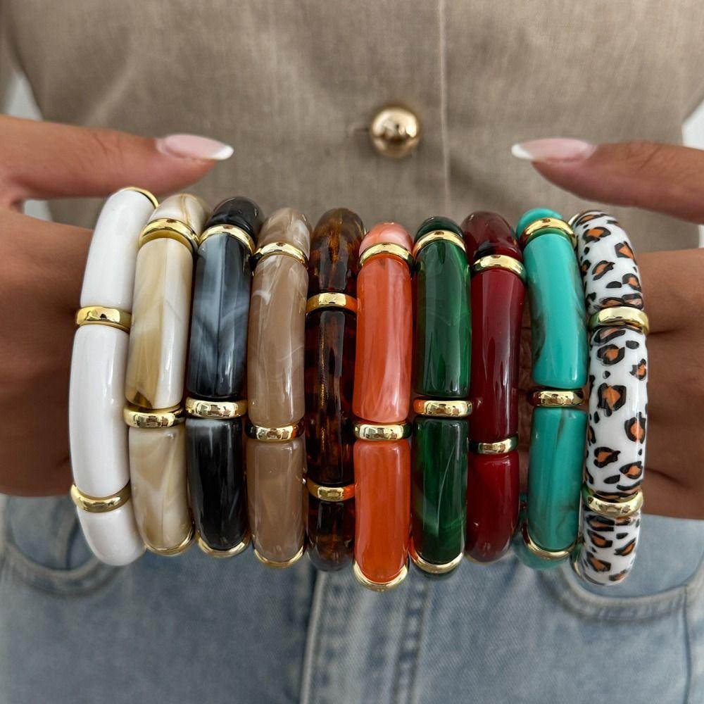 Splicing Bamboo Acrylic Bracelets Leopard Print Geometric Bracelets Curved Tube Bangle Lady Gifts