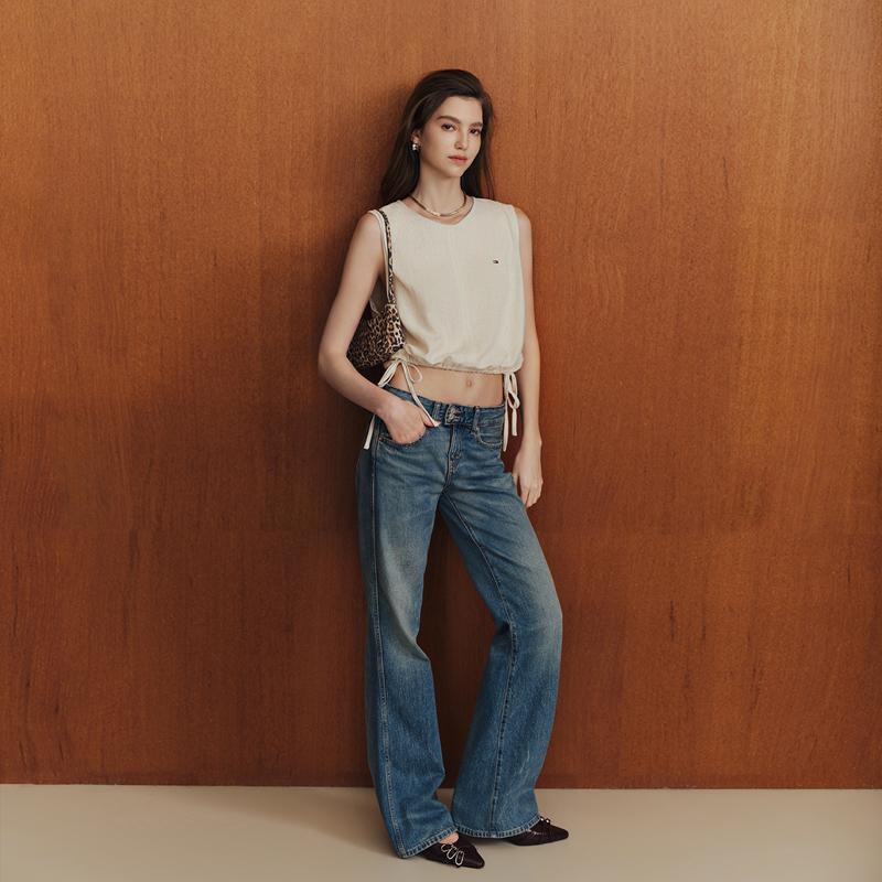 Tommy Hilfiger Льняная смесь Пляжный отпуск Полосатый топ без рукавов с кулиской Футболка Женские топы DW0DW22779