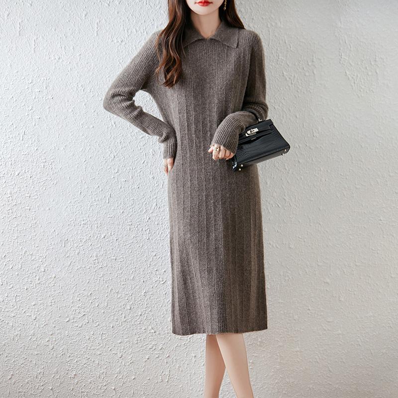 Women Sweater Dress 100% Wool TIDENOVEL Turn-down Collar Knit Long Pullover Winter Jumpers Wool Long Dress Female