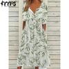 Women's Fashion Summer Spring Flower Pattern Print Short Sleeve V-Neck Loose Waistline Casual Dresses
