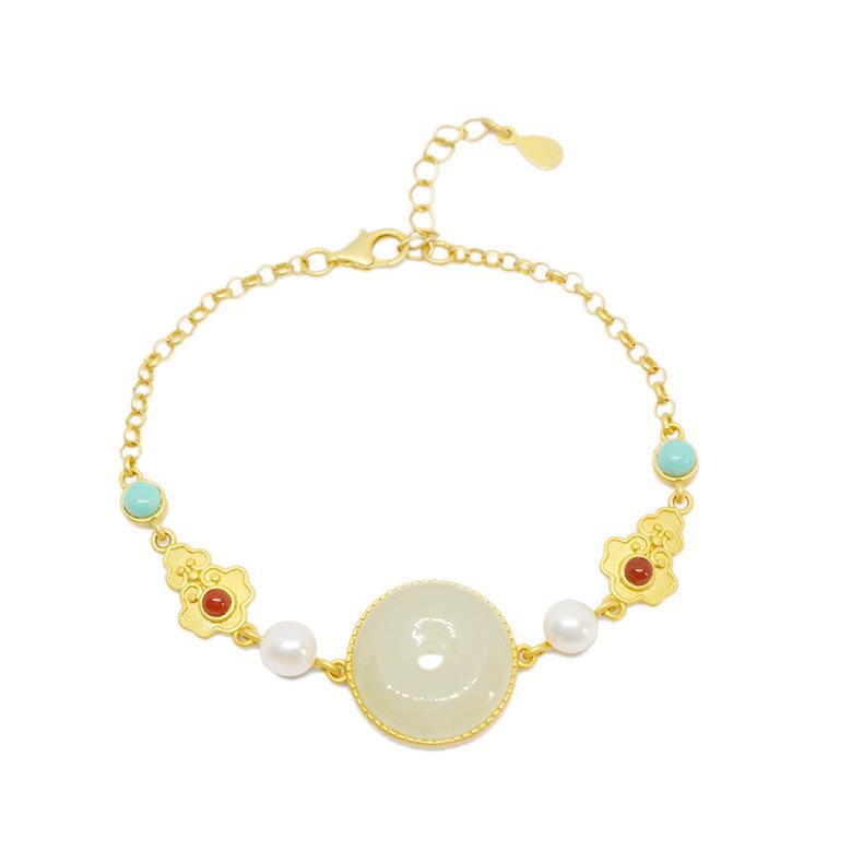 Браслет-кольцо из нефрита в китайском стиле «Фу Лу Пин Ань» на удачу с зеленой инкрустацией