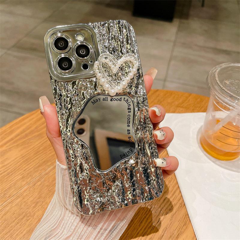 Роскошный чехол для макияжа с зеркальным принтом в виде камня и жемчужным сердечком для iPhone 15 Pro Max 14 13 12 Pro Max 11, универсальный защитный чехол от падения