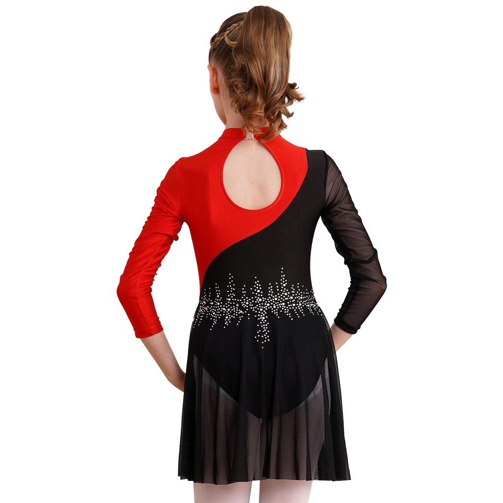 Kids Girls Dance Dress Figure Skating Performance Competition Costume Rhinestones Long Sleeve Dresses