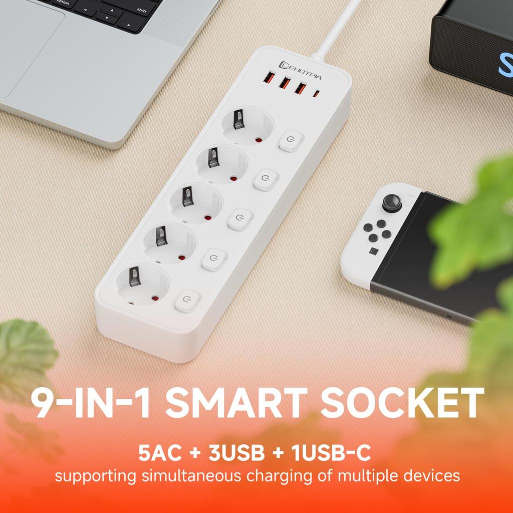 EU AC Plug 1.8M Extension Cord European Standard Independent Switch Multitap Power Strip Network Filter With USB C Ports Charging