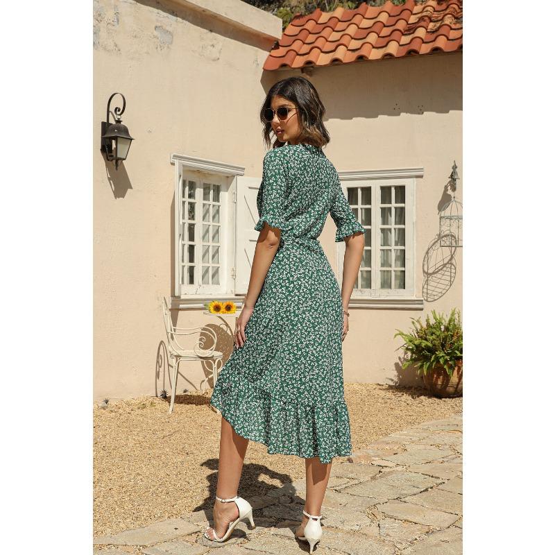 YYFS Женская мода лето весна цветочный узор принт с коротким рукавом V-образным вырезом с высокой талией повседневные платья