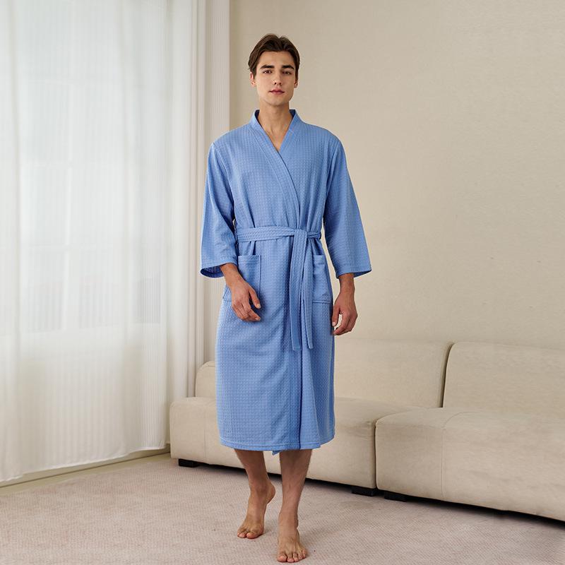 Spring-Summer Waffle Bathrobe: Unisex, Lightweight, 3/4 Sleeves, Korean Style, Absorbent
