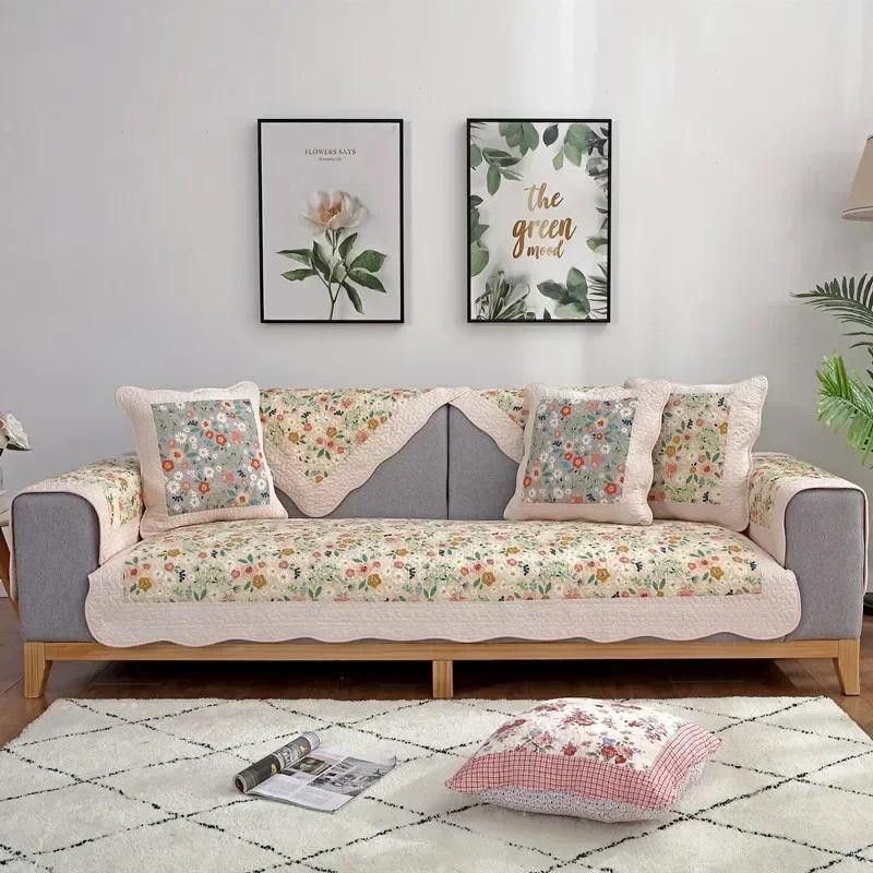 Flowers Four Seasons Cotton Sofa Cushion Little Fresh Pastoral Printed Sofa Blanket Simple Small Floral Sofa Cushion Towels